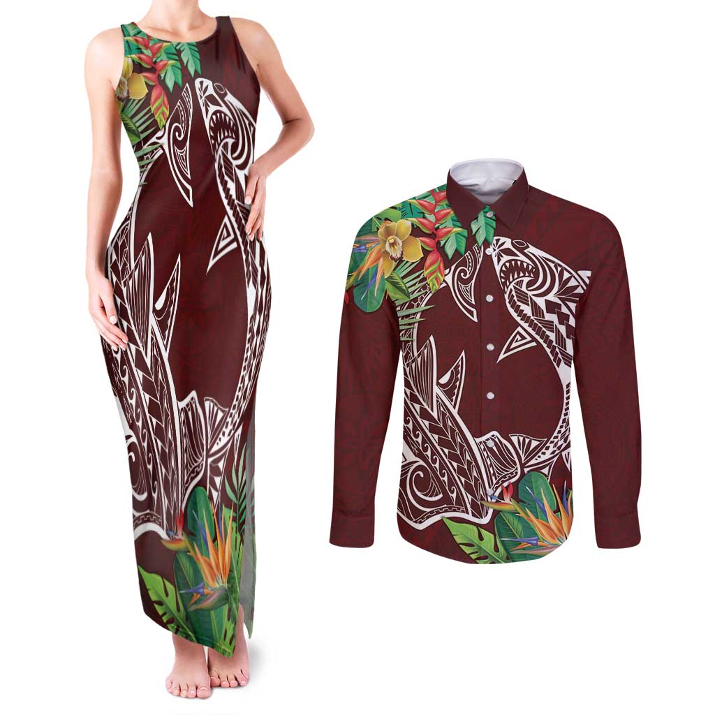 Polynesia Couples Matching Tank Maxi Dress and Long Sleeve Button Shirt Sharks Duo Tropical Oxblood