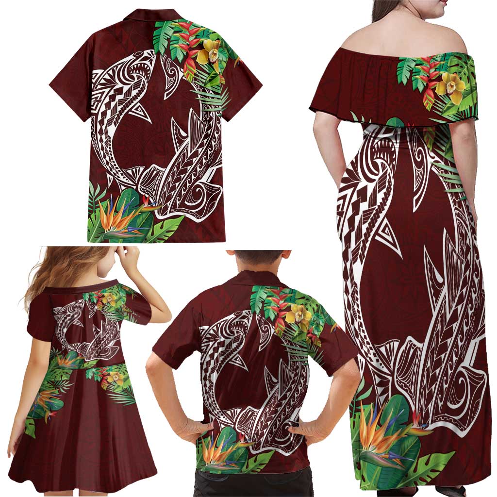 Polynesia Family Matching Off Shoulder Maxi Dress and Hawaiian Shirt Sharks Duo Tropical Oxblood