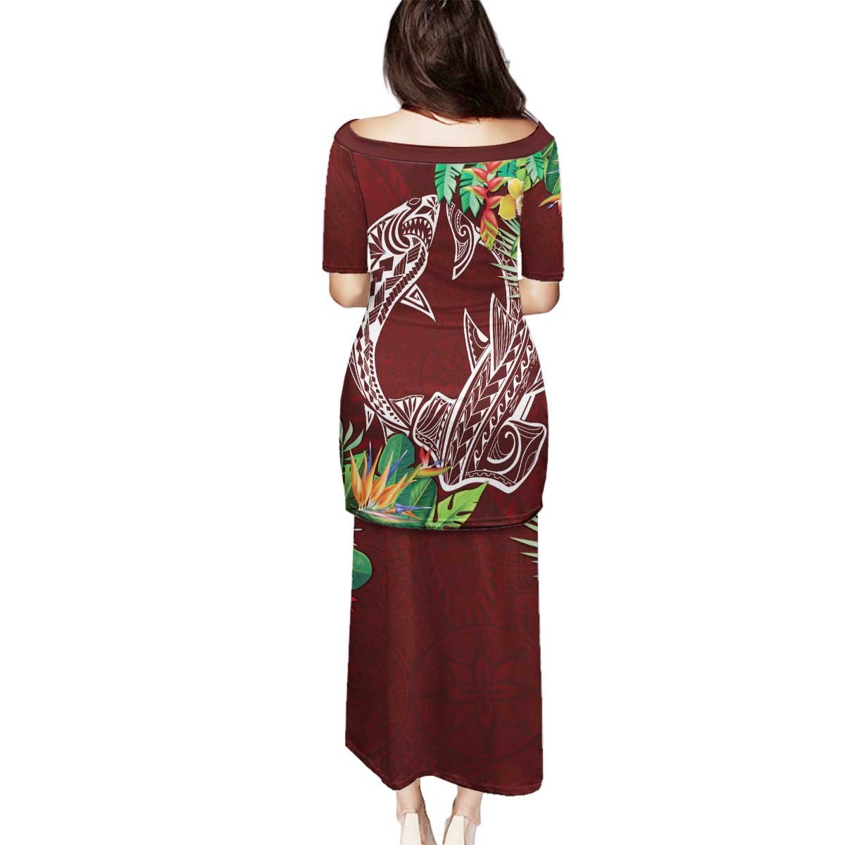 Polynesia Family Matching Puletasi and Hawaiian Shirt Sharks Duo Tropical Oxblood