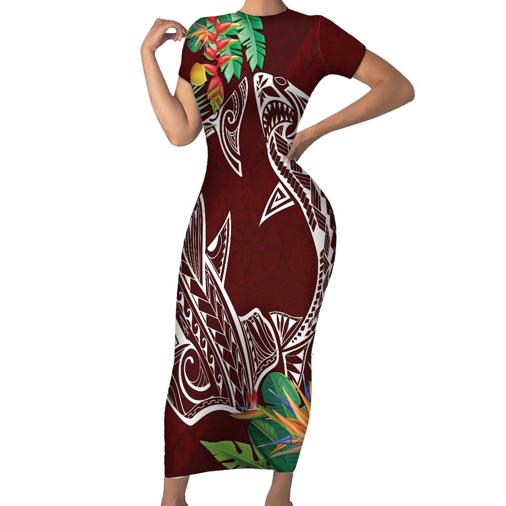 Polynesia Family Matching Short Sleeve Bodycon Dress and Hawaiian Shirt Sharks Duo Tropical Oxblood