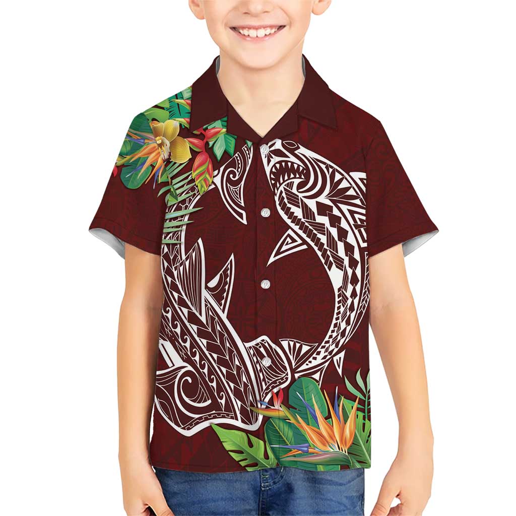 Polynesia Kid Hawaiian Shirt Sharks Duo Tropical Oxblood