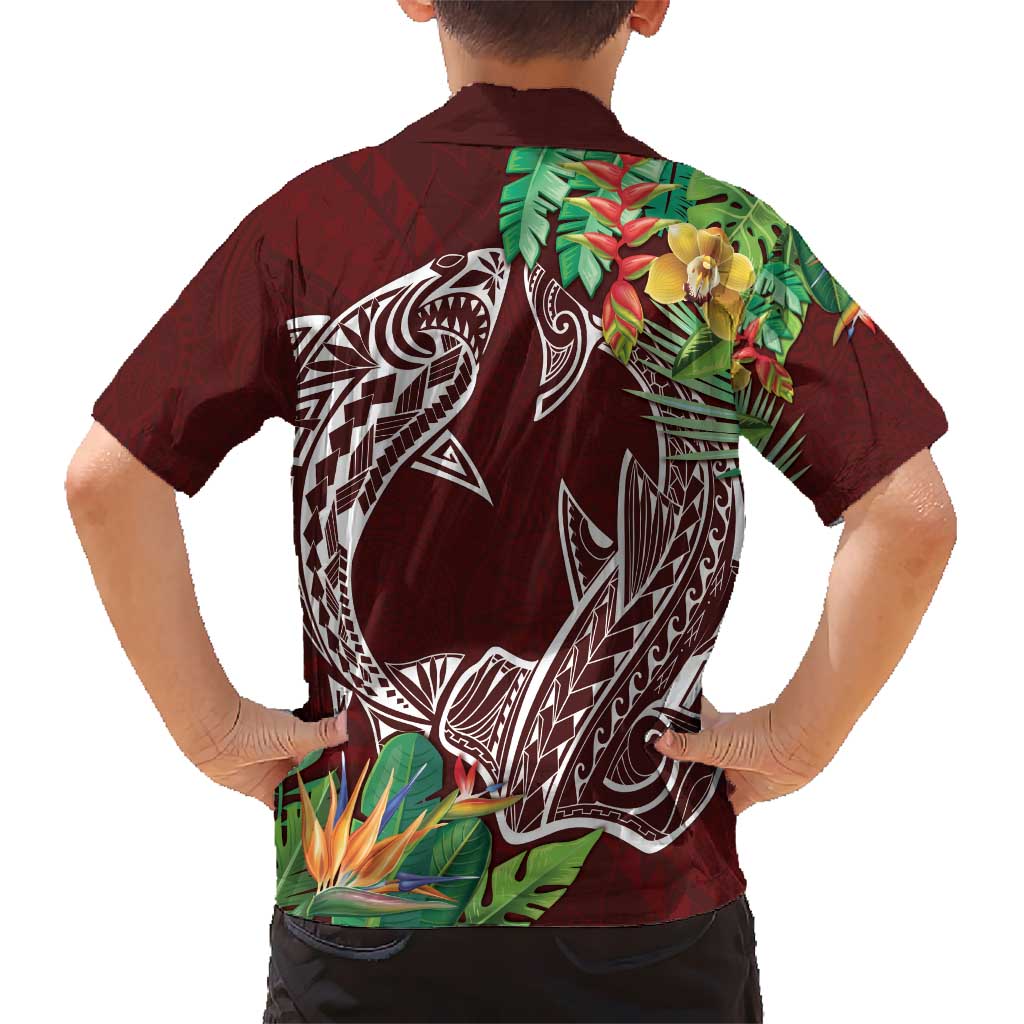 Polynesia Kid Hawaiian Shirt Sharks Duo Tropical Oxblood