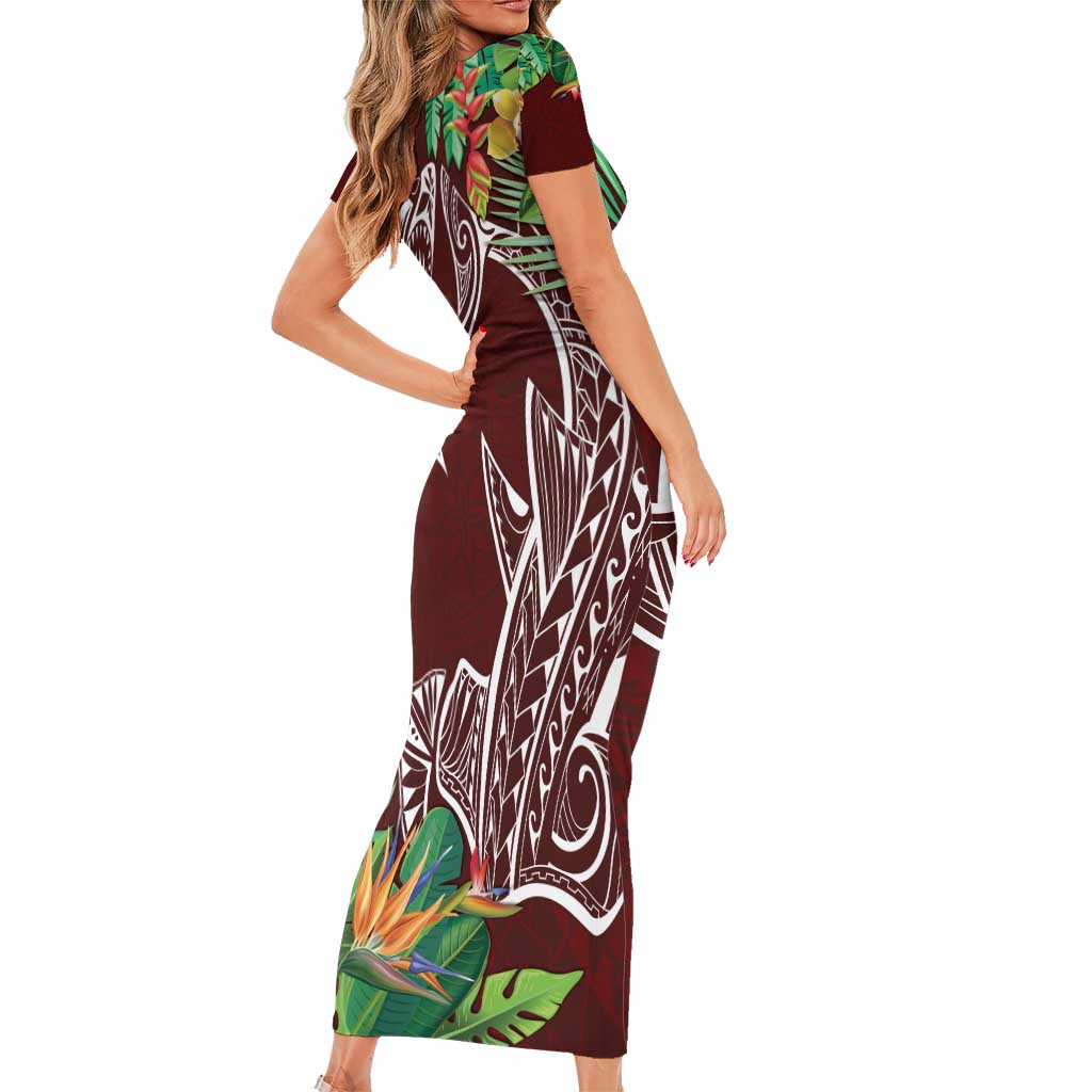 Polynesia Short Sleeve Bodycon Dress Sharks Duo Tropical Oxblood