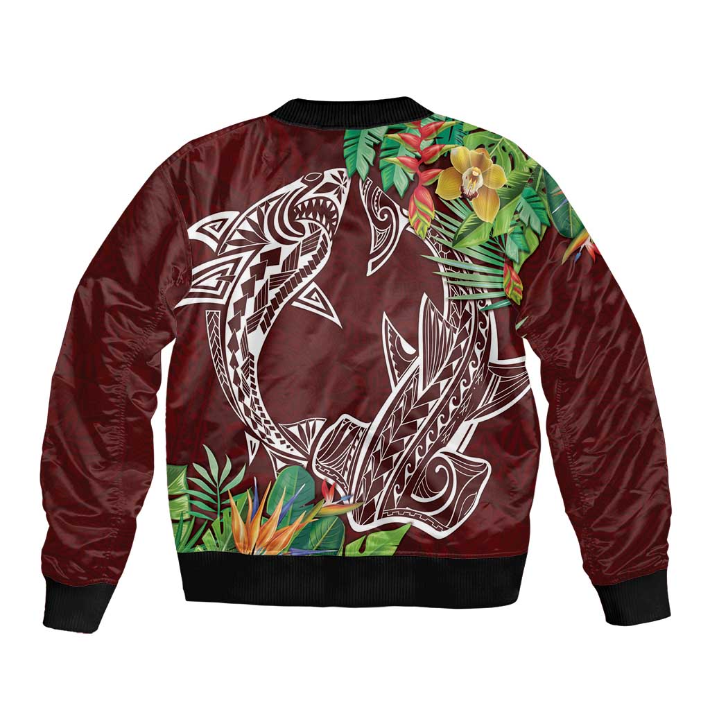 Polynesia Sleeve Zip Bomber Jacket Sharks Duo Tropical Oxblood