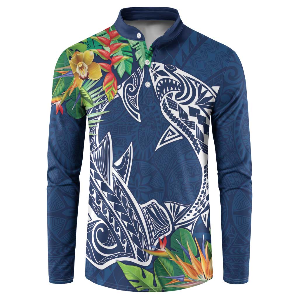 Polynesia Button Sweatshirt Sharks Duo Tropical Navy