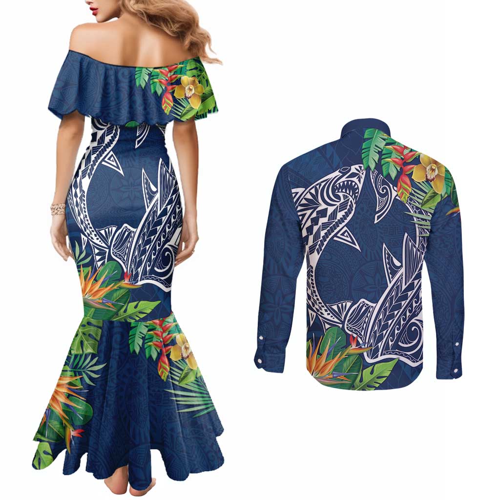 Polynesia Couples Matching Mermaid Dress and Long Sleeve Button Shirt Sharks Duo Tropical Navy
