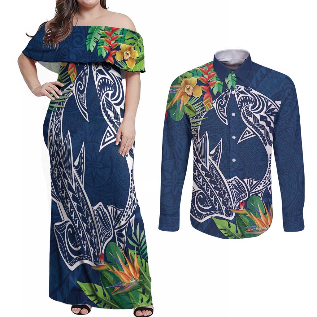 Polynesia Couples Matching Off Shoulder Maxi Dress and Long Sleeve Button Shirt Sharks Duo Tropical Navy