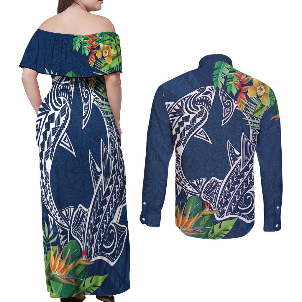 Polynesia Couples Matching Off Shoulder Maxi Dress and Long Sleeve Button Shirt Sharks Duo Tropical Navy