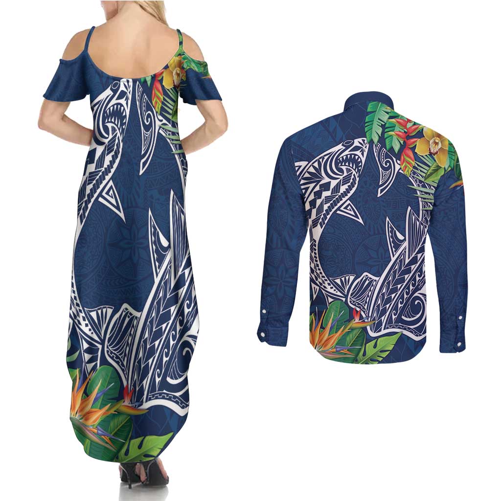 Polynesia Couples Matching Summer Maxi Dress and Long Sleeve Button Shirt Sharks Duo Tropical Navy