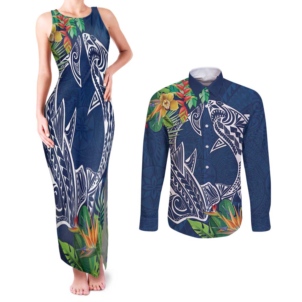 Polynesia Couples Matching Tank Maxi Dress and Long Sleeve Button Shirt Sharks Duo Tropical Navy