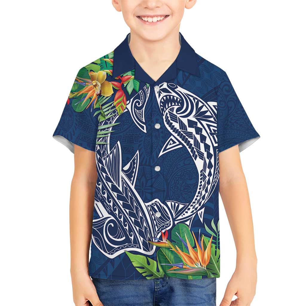 Polynesia Family Matching Long Sleeve Bodycon Dress and Hawaiian Shirt Sharks Duo Tropical Navy