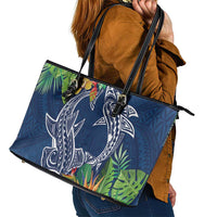 Polynesia Leather Tote Bag Sharks Duo Tropical Navy