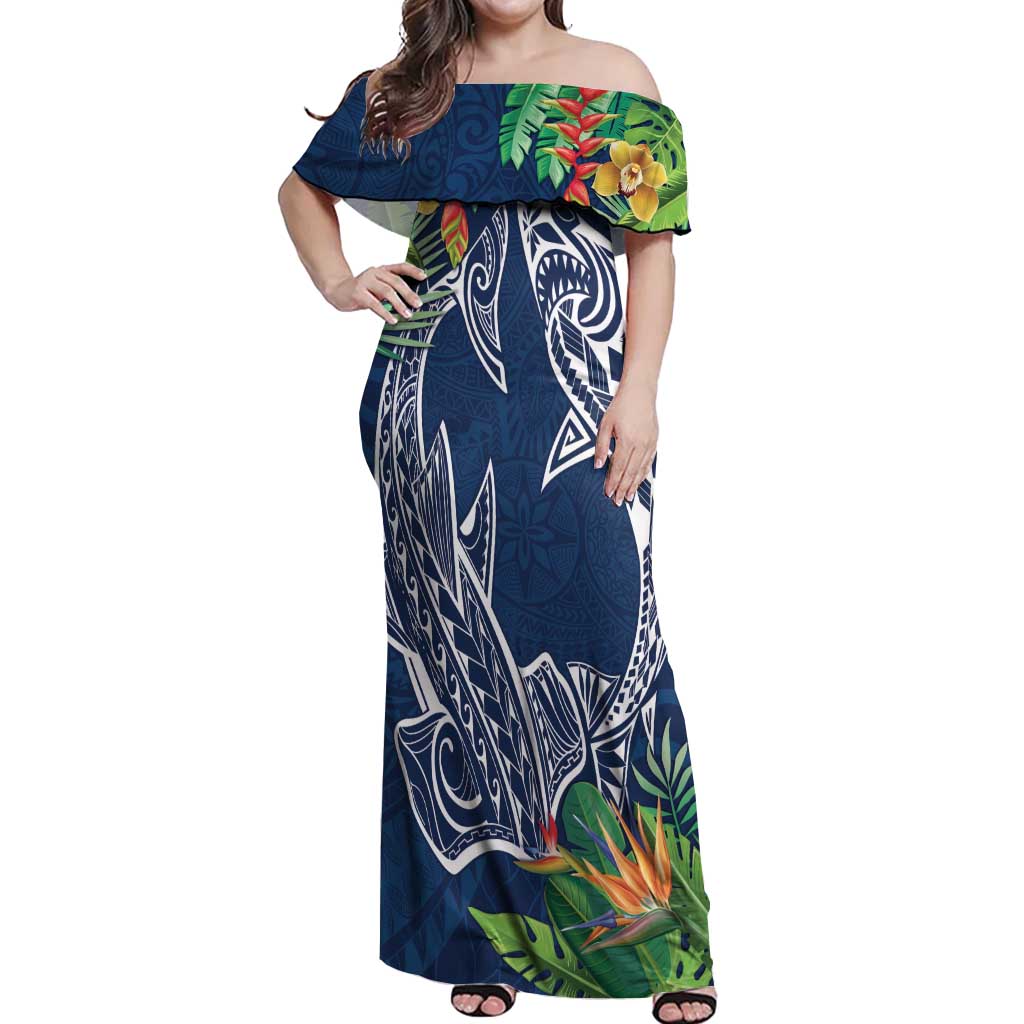 Polynesia Off Shoulder Maxi Dress Sharks Duo Tropical Navy