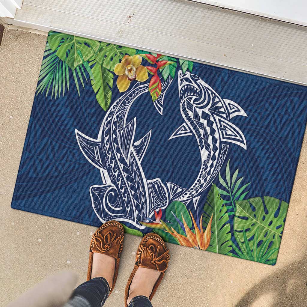 Polynesia Rubber Doormat Sharks Duo Tropical Navy