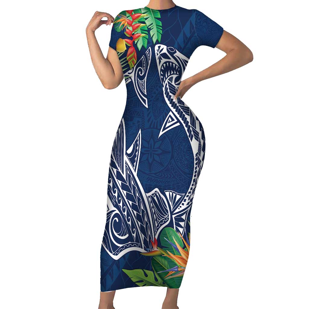 Polynesia Short Sleeve Bodycon Dress Sharks Duo Tropical Navy