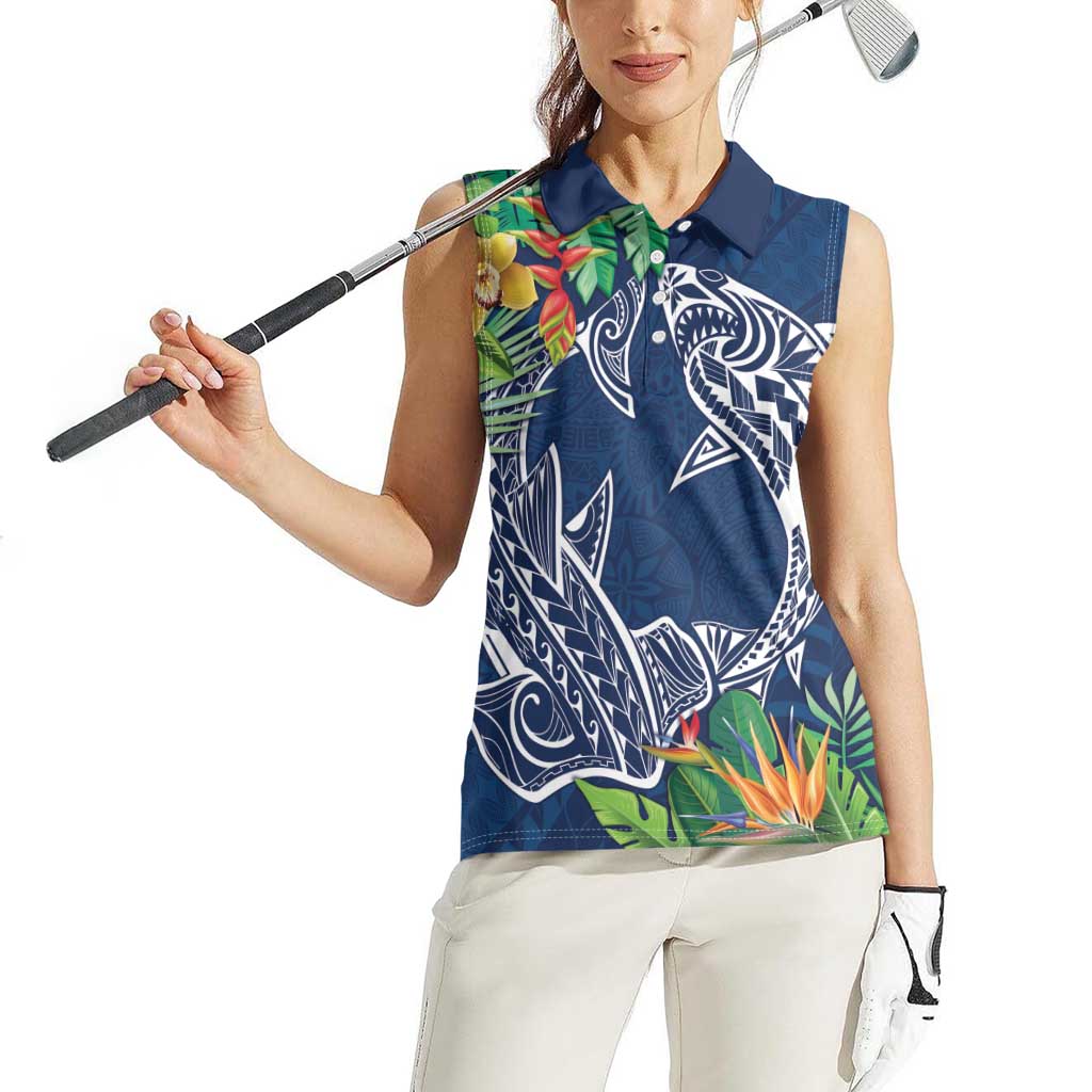 Polynesia Women Sleeveless Polo Shirt Sharks Duo Tropical Navy