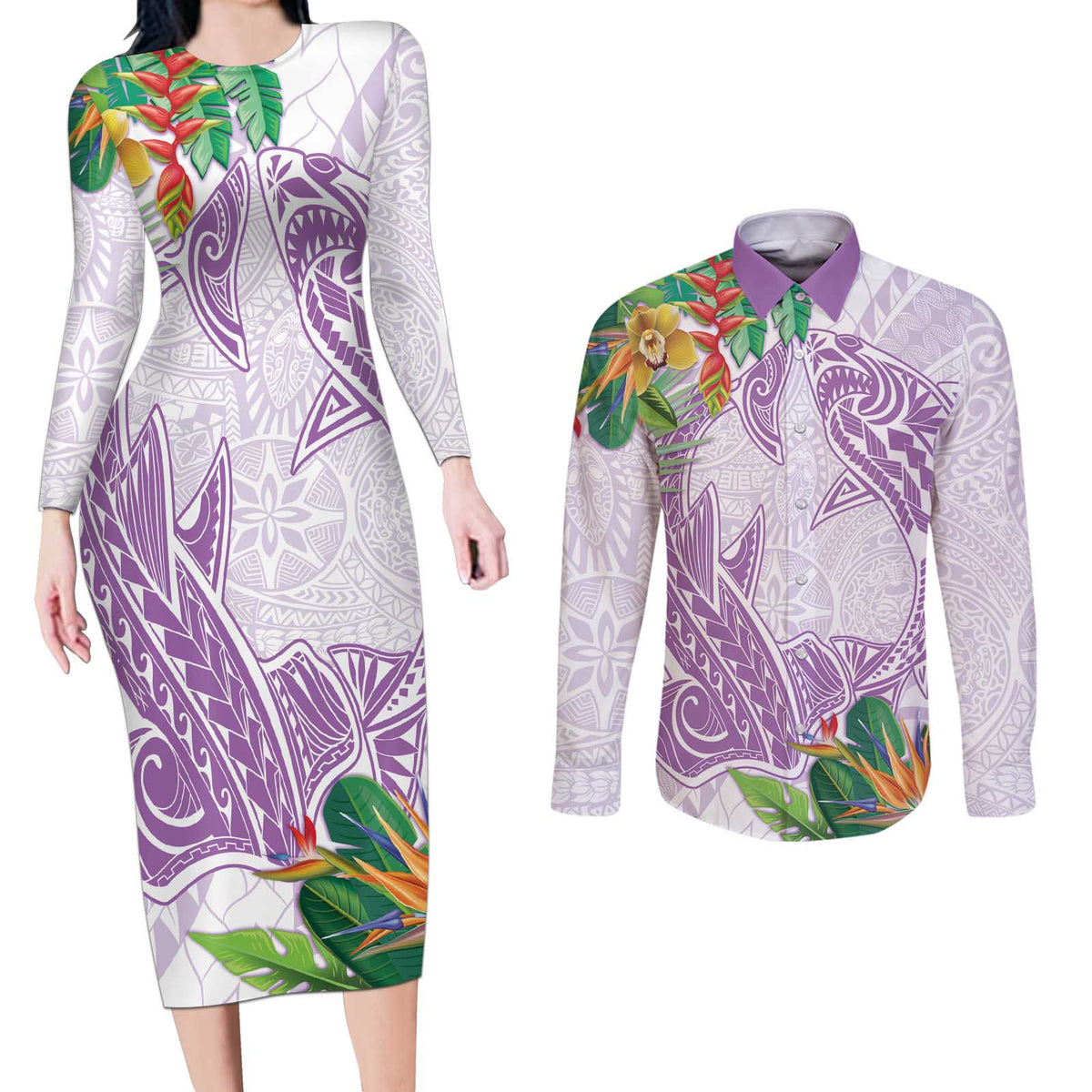 Polynesia Couples Matching Long Sleeve Bodycon Dress and Long Sleeve Button Shirt Sharks Duo Tropical Lavender
