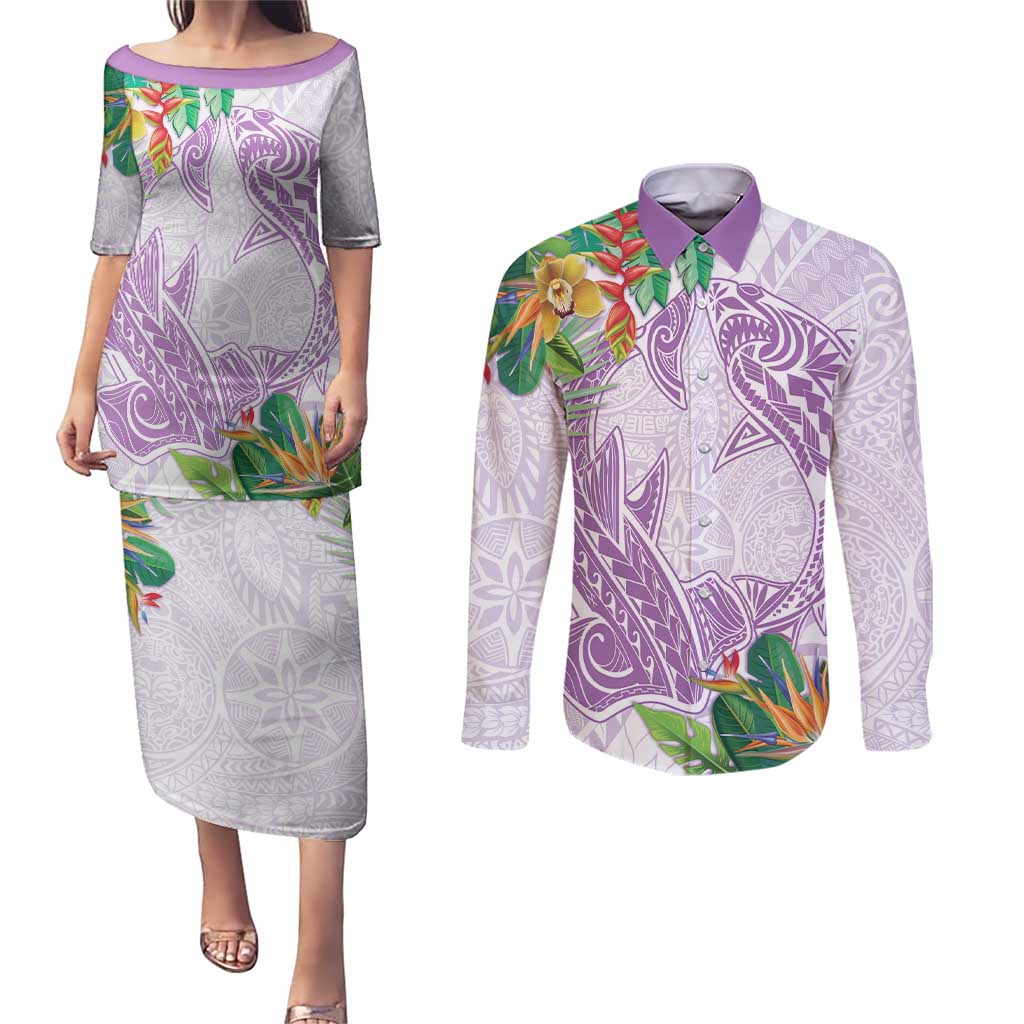 Polynesia Couples Matching Puletasi and Long Sleeve Button Shirt Sharks Duo Tropical Lavender