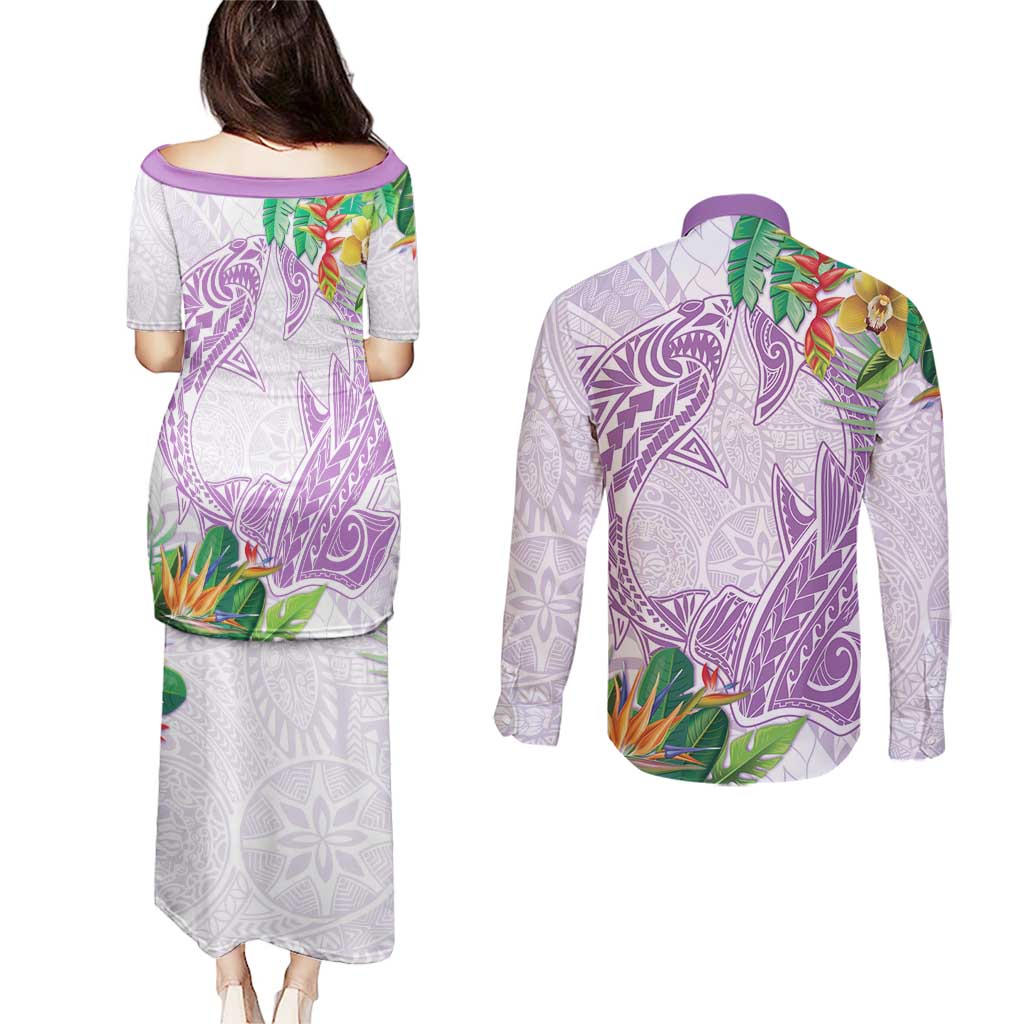Polynesia Couples Matching Puletasi and Long Sleeve Button Shirt Sharks Duo Tropical Lavender