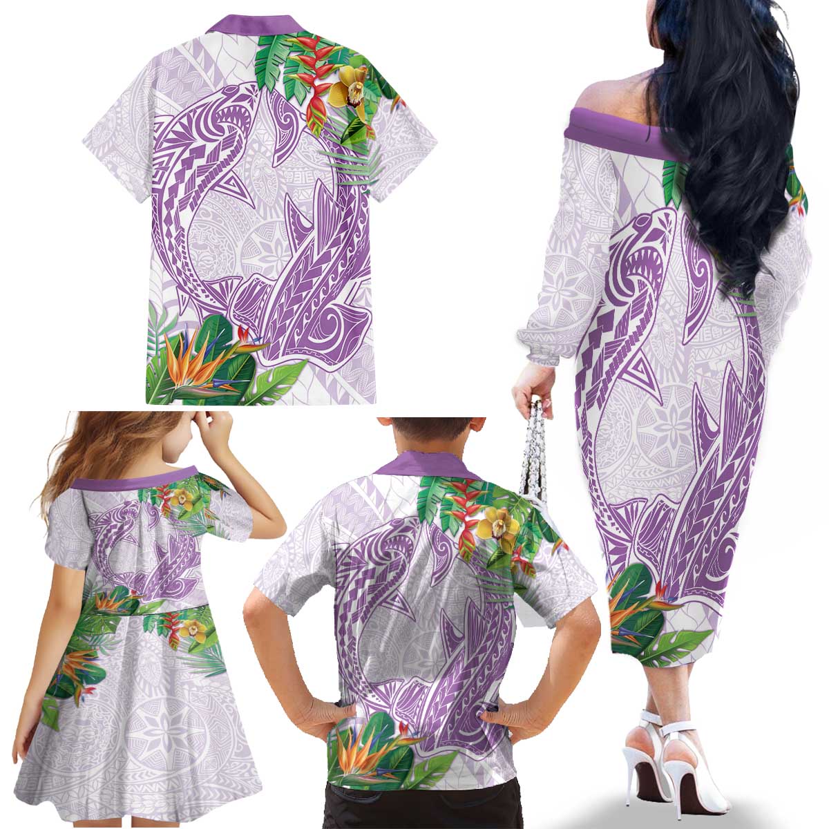 Polynesia Family Matching Off The Shoulder Long Sleeve Dress and Hawaiian Shirt Sharks Duo Tropical Lavender