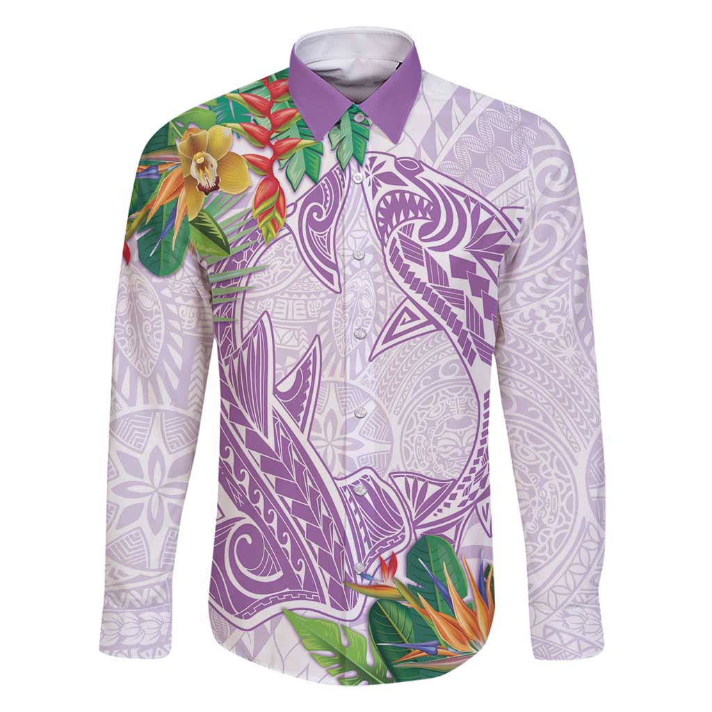 Polynesia Family Matching Tank Maxi Dress and Hawaiian Shirt Sharks Duo Tropical Lavender LT7 Dad's Shirt - Long Sleeve Lavender - Polynesian Pride