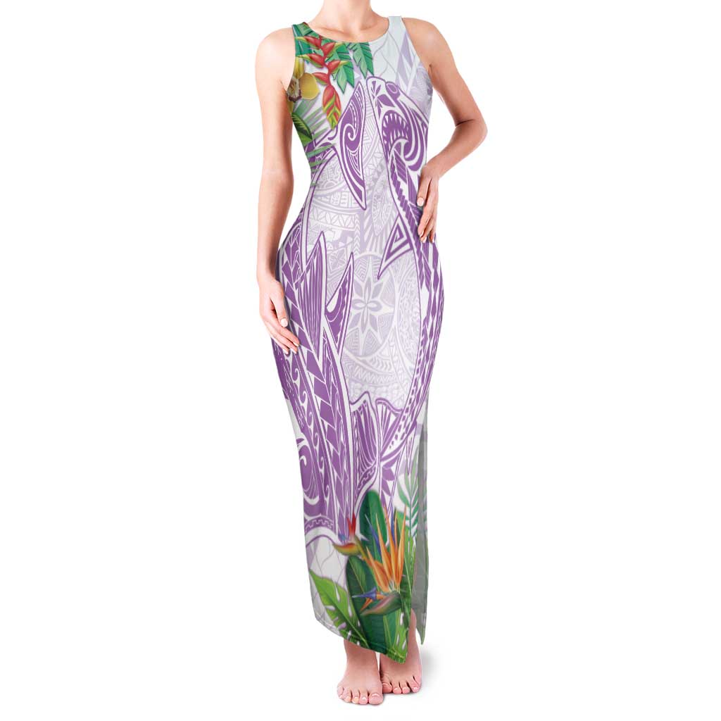 Polynesia Family Matching Tank Maxi Dress and Hawaiian Shirt Sharks Duo Tropical Lavender LT7 Mom's Dress Lavender - Polynesian Pride