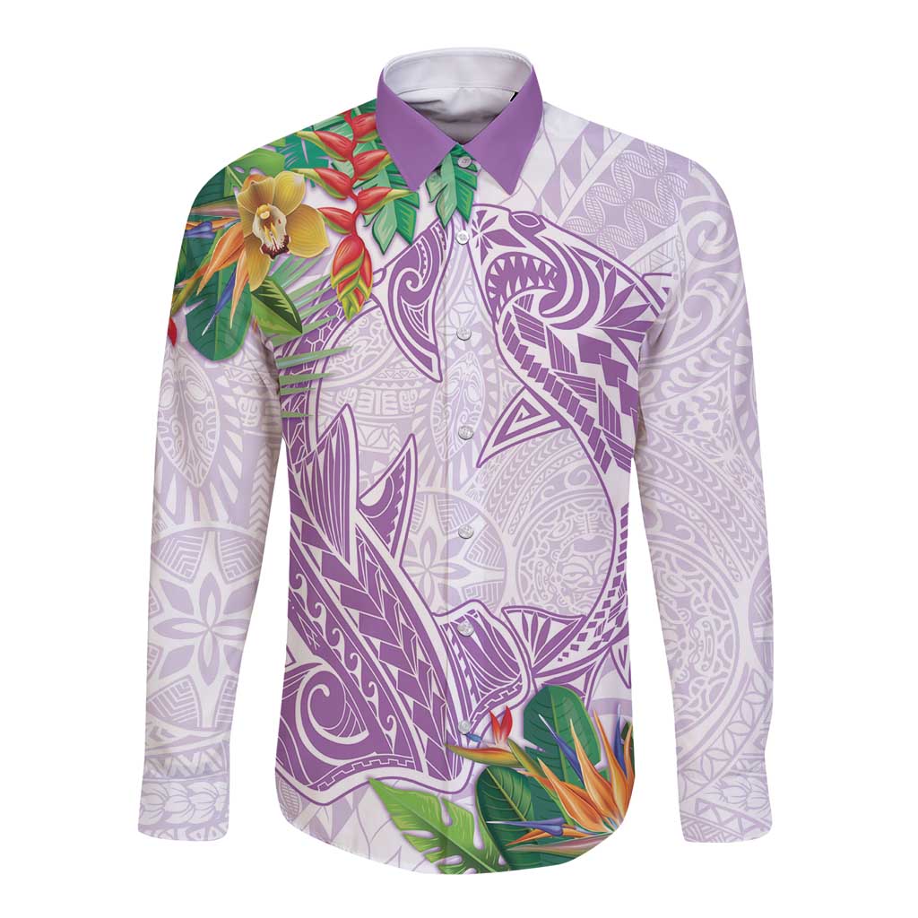 Polynesia Long Sleeve Button Shirt Sharks Duo Tropical Lavender LT7 Unisex Lavender - Polynesian Pride