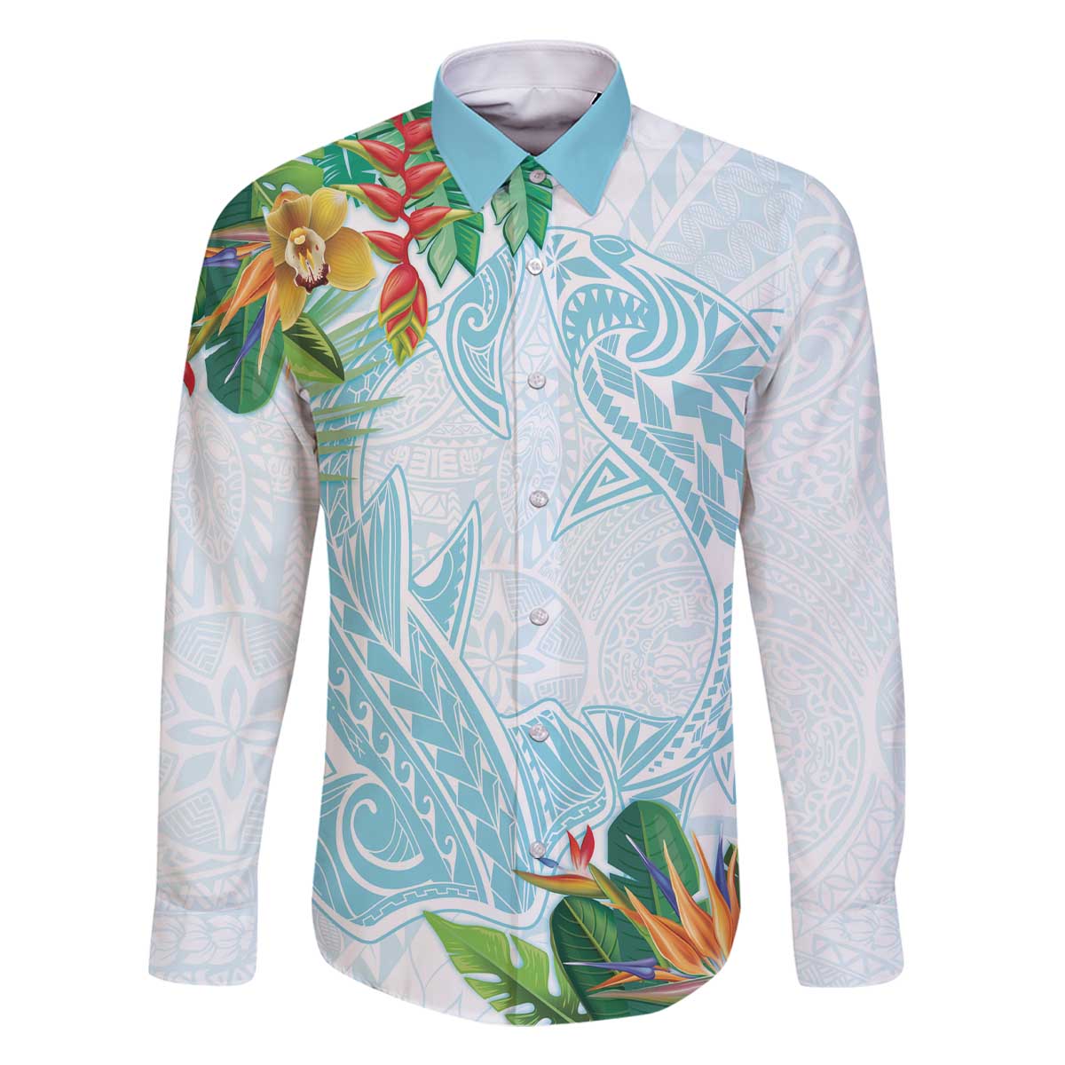 Polynesia Family Matching Off Shoulder Short Dress and Hawaiian Shirt Sharks Duo Tropical Turquoise