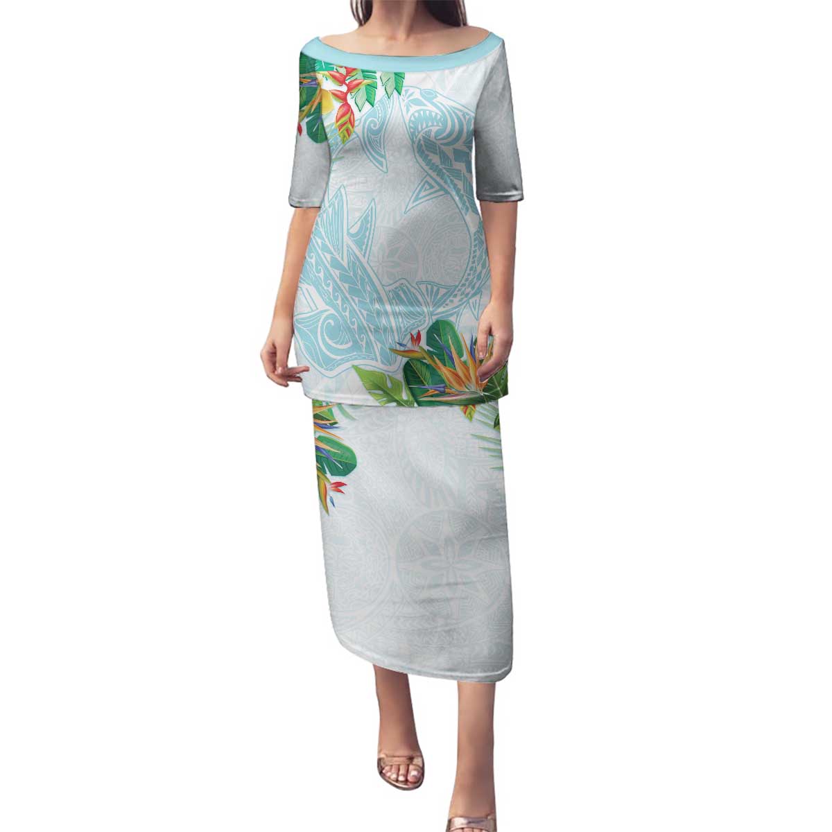 Polynesia Family Matching Puletasi and Hawaiian Shirt Sharks Duo Tropical Turquoise