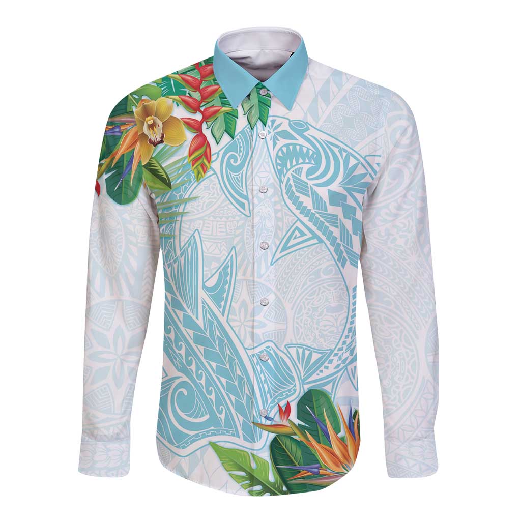 Polynesia Long Sleeve Button Shirt Sharks Duo Tropical Turquoise LT7 Unisex Turquoise - Polynesian Pride