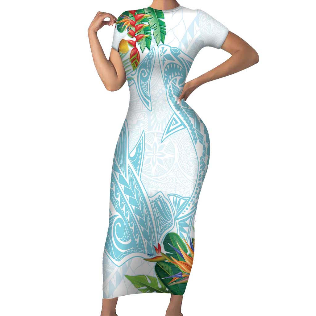 Polynesia Short Sleeve Bodycon Dress Sharks Duo Tropical Turquoise