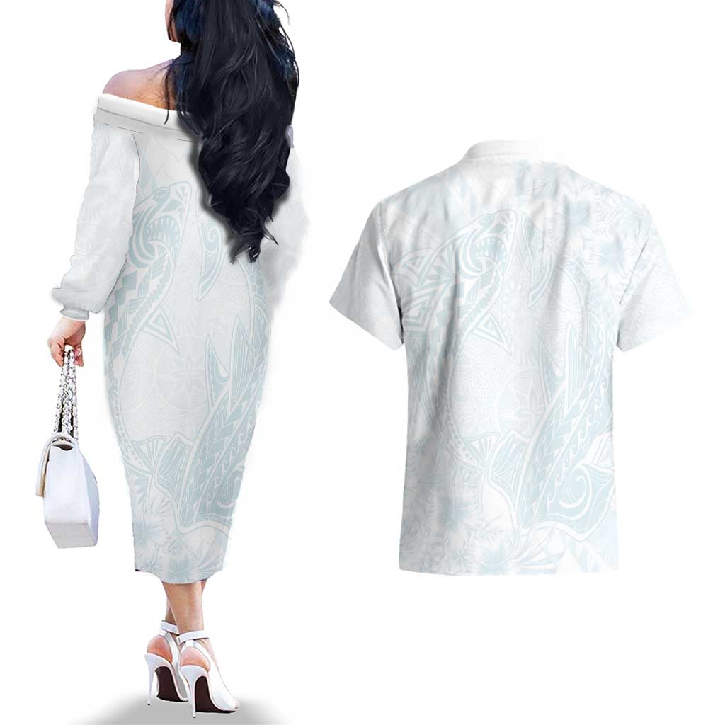 Polynesia Couples Matching Off The Shoulder Long Sleeve Dress and Hawaiian Shirt Sharks Duo Tropical Off White