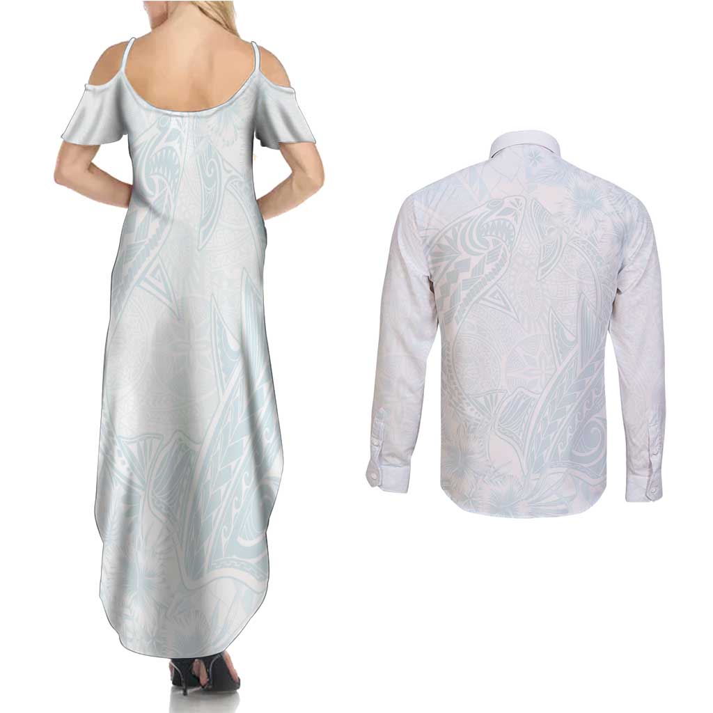 Polynesia Couples Matching Summer Maxi Dress and Long Sleeve Button Shirt Sharks Duo Tropical Off White