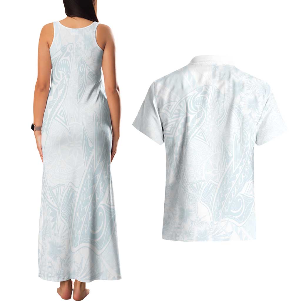 Polynesia Couples Matching Tank Maxi Dress and Hawaiian Shirt Sharks Duo Tropical Off White