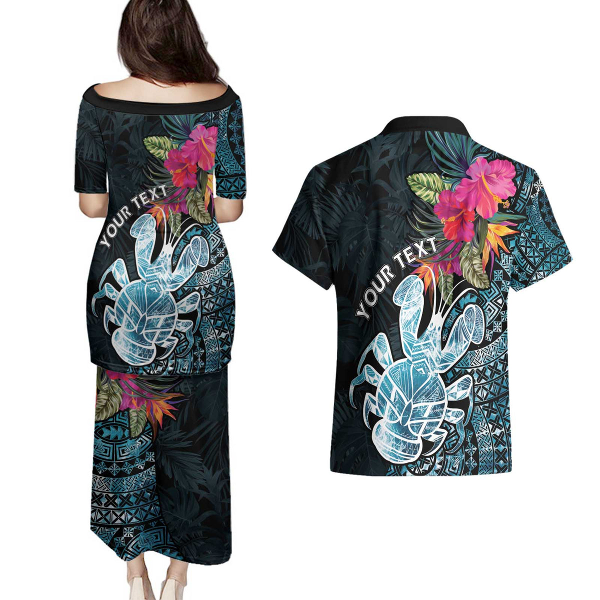 Niue Personalised Couples Matching Puletasi and Hawaiian Shirt Hiapo Mix Coconut Crab