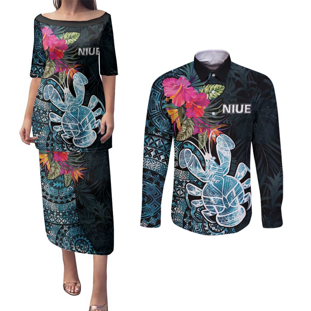 Niue Personalised Couples Matching Puletasi and Long Sleeve Button Shirt Hiapo Mix Coconut Crab