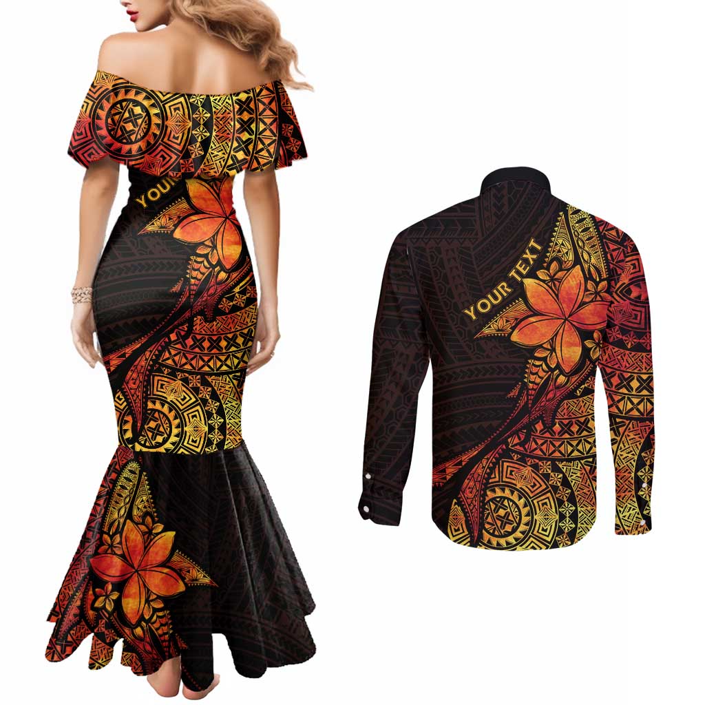 Niue Fakaalofa Atu Personalised Couples Matching Mermaid Dress and Long Sleeve Button Shirt Whale Hiapo Fiery Motif
