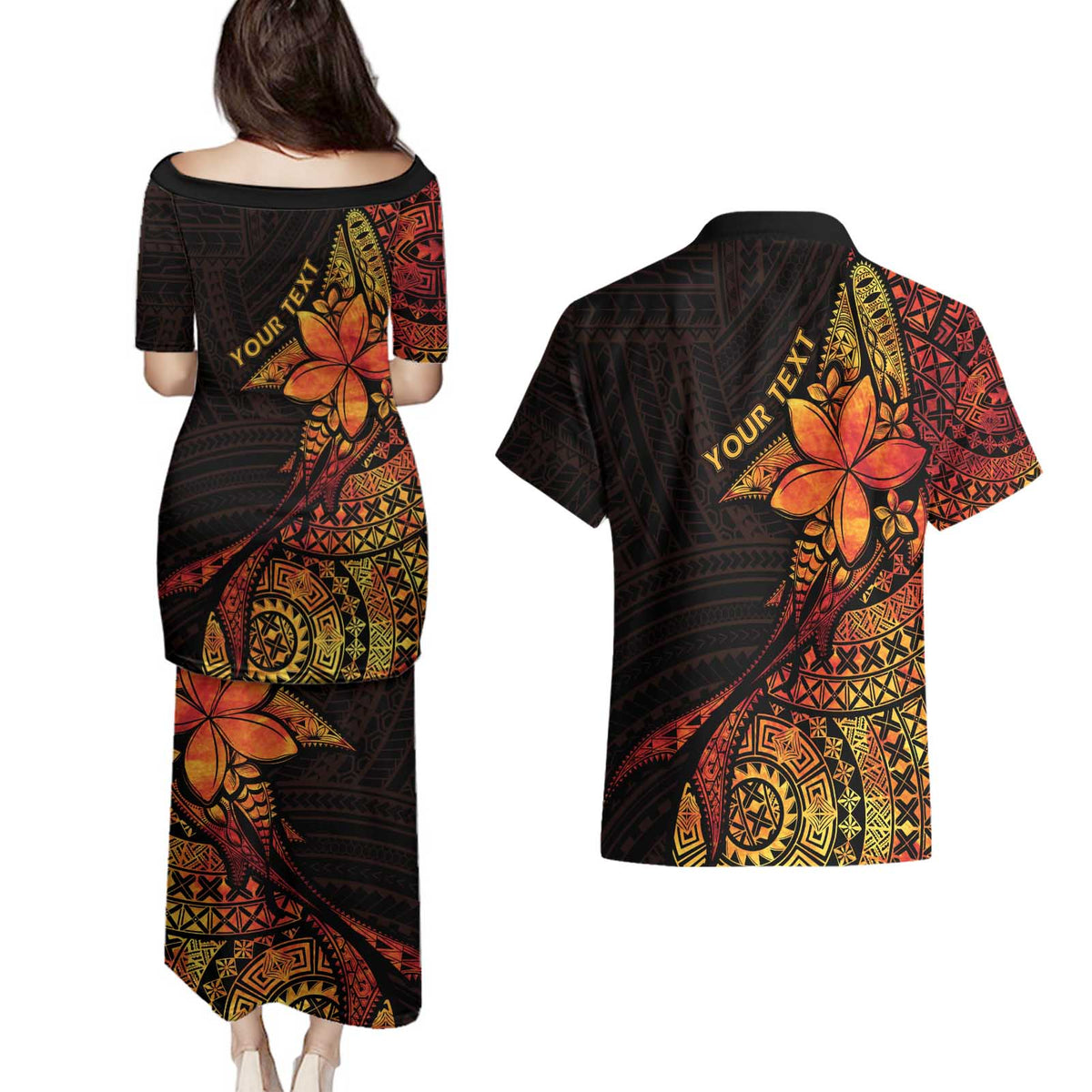 Niue Fakaalofa Atu Personalised Couples Matching Puletasi and Hawaiian Shirt Whale Hiapo Fiery Motif