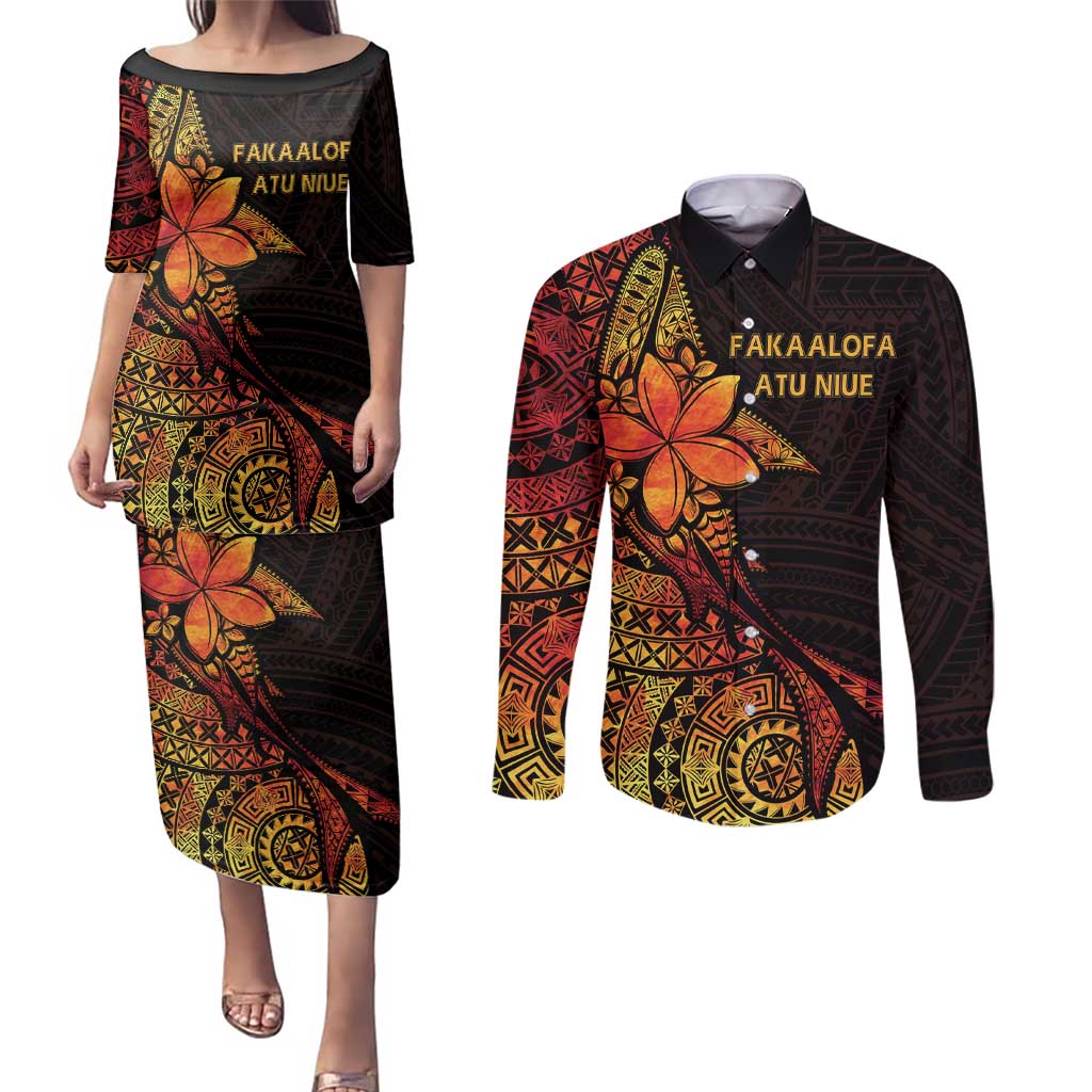 Niue Fakaalofa Atu Personalised Couples Matching Puletasi and Long Sleeve Button Shirt Whale Hiapo Fiery Motif