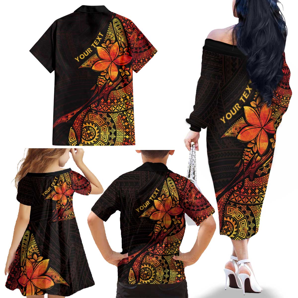 Niue Fakaalofa Atu Personalised Family Matching Off The Shoulder Long Sleeve Dress and Hawaiian Shirt Whale Hiapo Fiery Motif