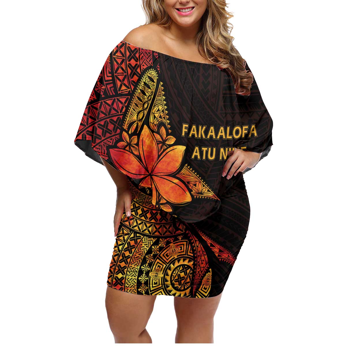Niue Fakaalofa Atu Personalised Family Matching Off Shoulder Short Dress and Hawaiian Shirt Whale Hiapo Fiery Motif