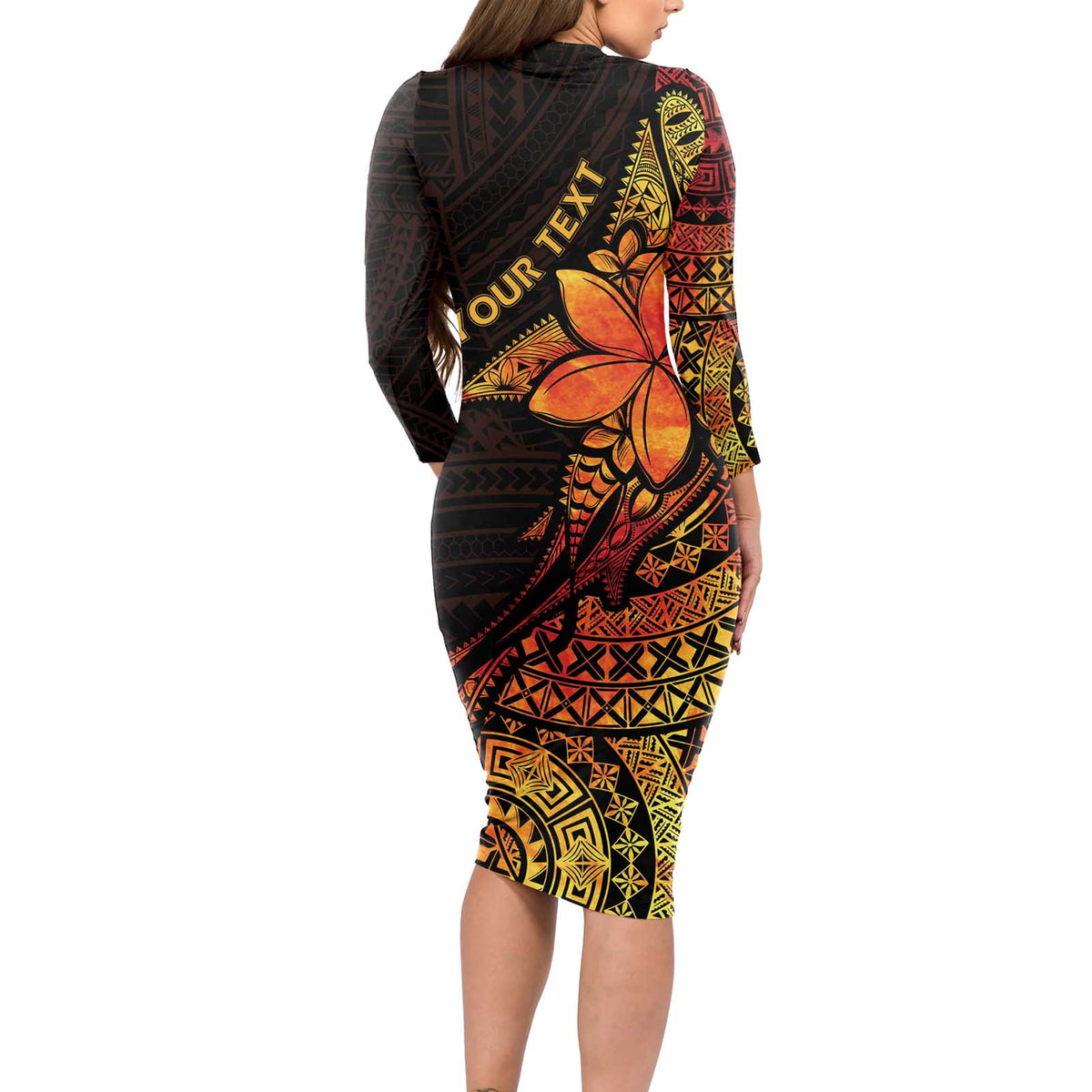 Niue Fakaalofa Atu Personalised Long Sleeve Bodycon Dress Whale Hiapo Fiery Motif
