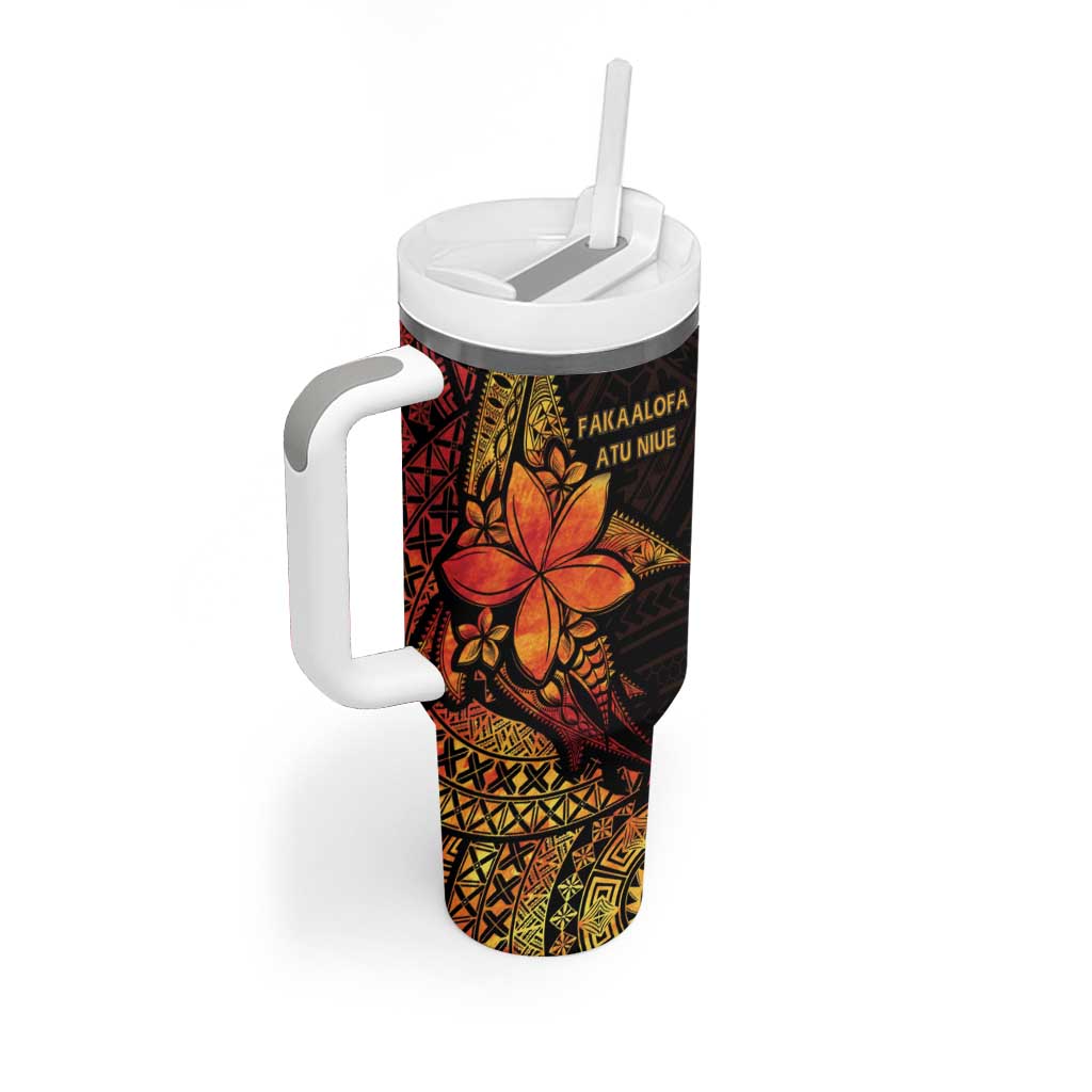 Niue Fakaalofa Atu Tumbler With Handle Whale Hiapo Fiery Motif