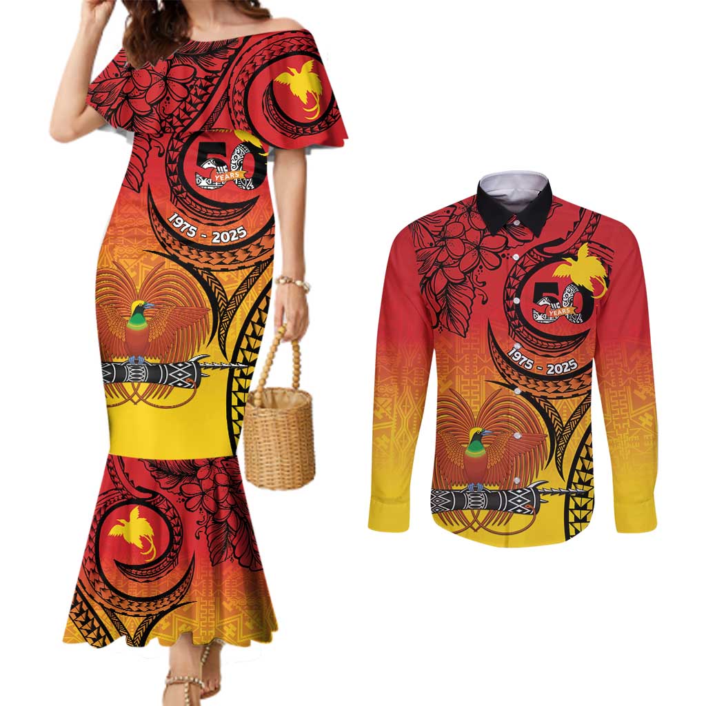 Papua New Guinea 50 Years Couples Matching Mermaid Dress and Long Sleeve Button Shirt Motuan Motifs