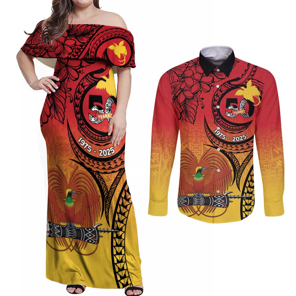 Papua New Guinea 50 Years Couples Matching Off Shoulder Maxi Dress and Long Sleeve Button Shirt Motuan Motifs