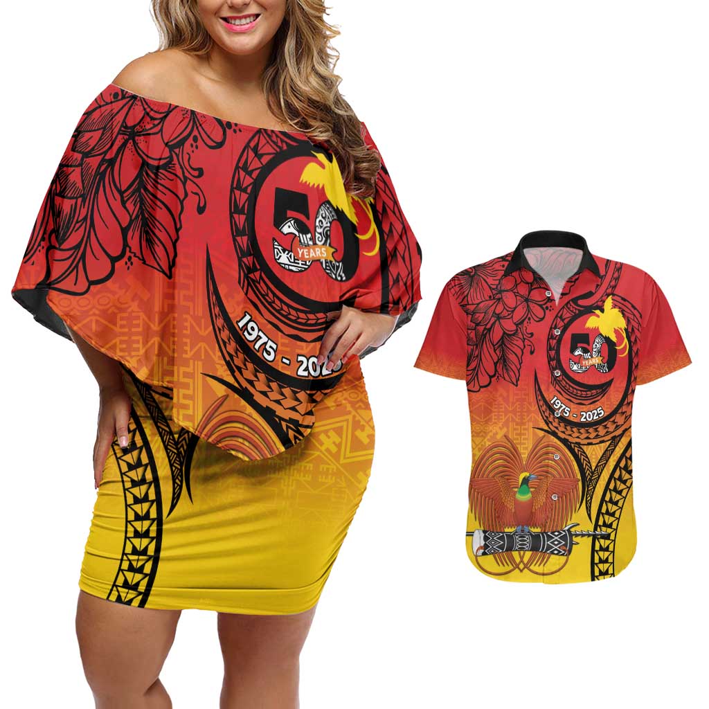 Papua New Guinea 50 Years Couples Matching Off Shoulder Short Dress and Hawaiian Shirt Motuan Motifs