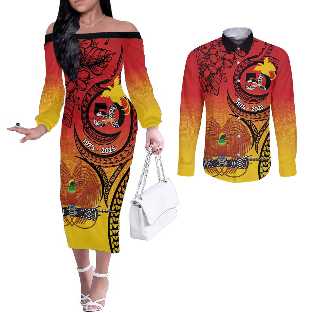 Papua New Guinea 50 Years Couples Matching Off The Shoulder Long Sleeve Dress and Long Sleeve Button Shirt Motuan Motifs