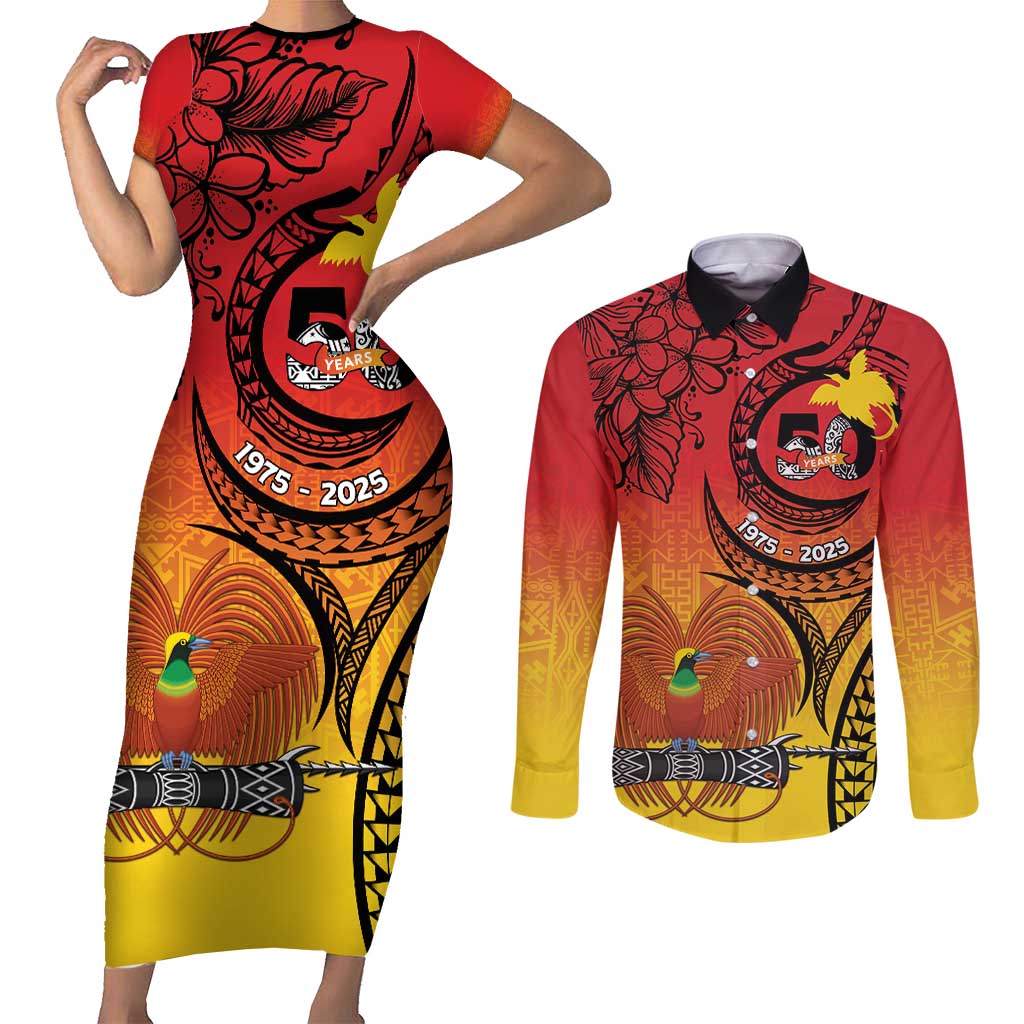 Papua New Guinea 50 Years Couples Matching Short Sleeve Bodycon Dress and Long Sleeve Button Shirt Motuan Motifs
