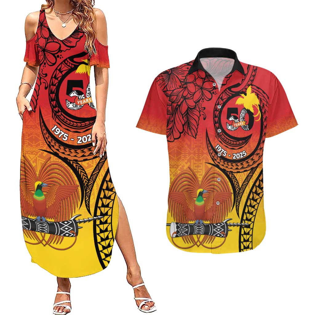 Papua New Guinea 50 Years Couples Matching Summer Maxi Dress and Hawaiian Shirt Motuan Motifs