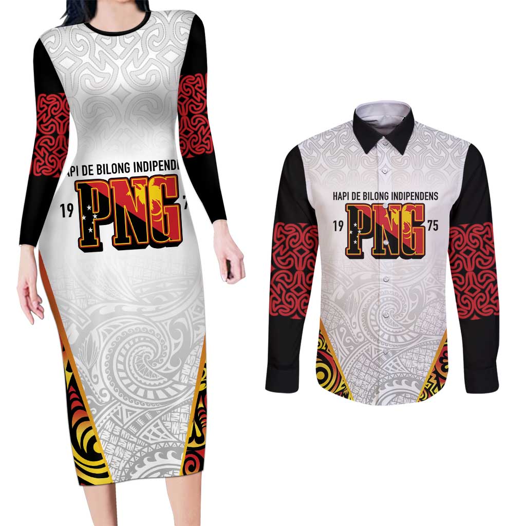 Personalized Papua New Guinea Couples Matching Long Sleeve Bodycon Dress and Long Sleeve Button Shirt Hapi De bilong Indipendens PNG